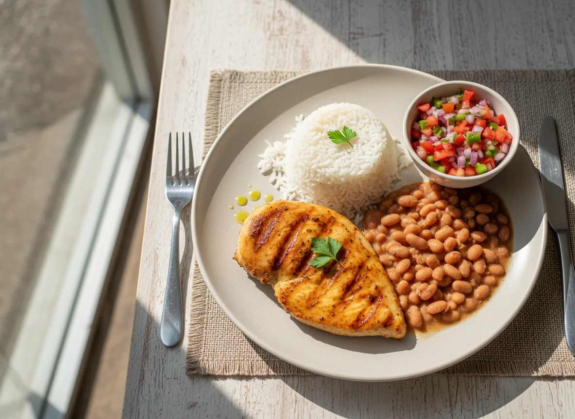 Frango grelhado com arroz, feijão e vinagrete photo