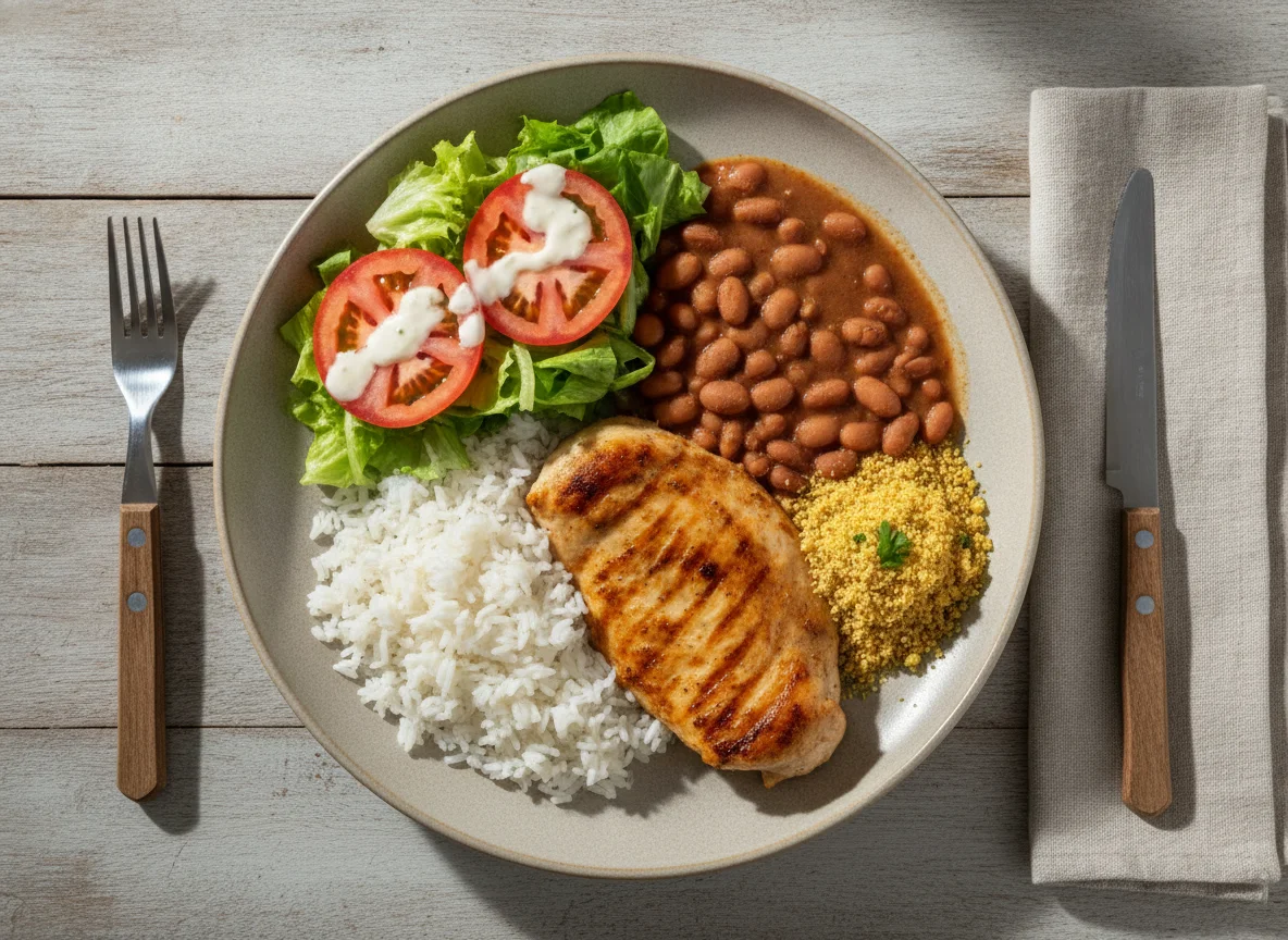 Frango grelhado com arroz, feijão, farofa e salada photo