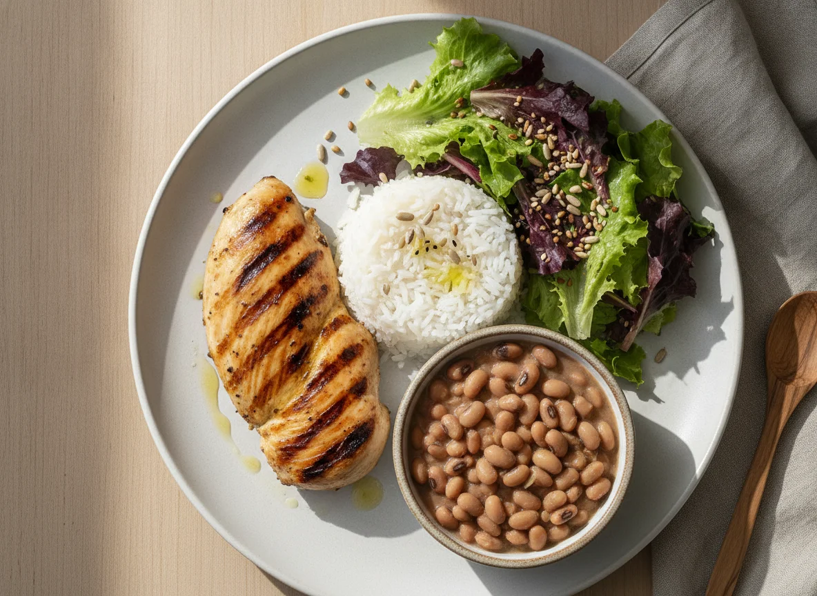 Frango grelhado com arroz, feijão fradinho e salada photo