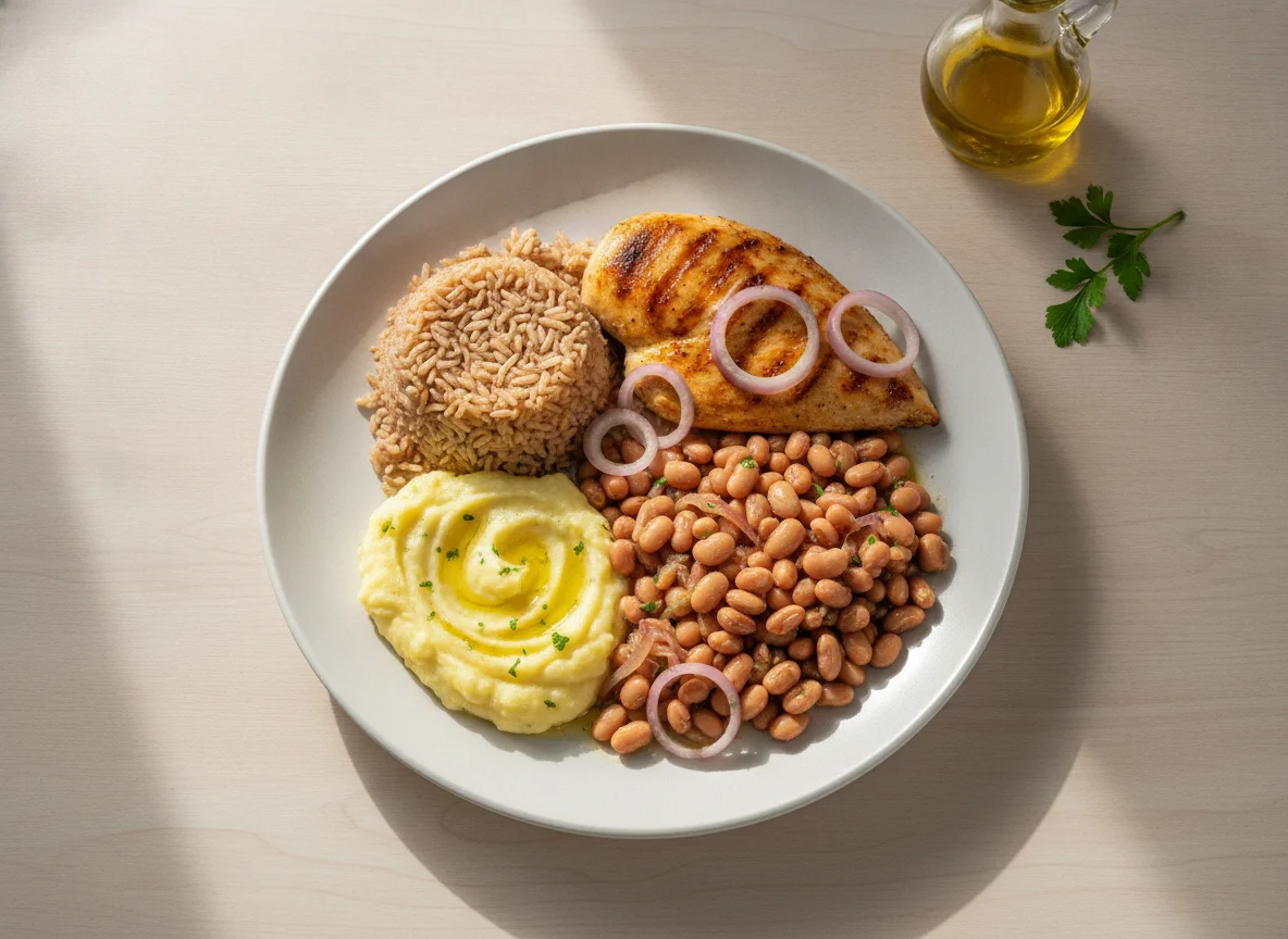 Frango grelhado com arroz, feijão fradinho, purê de batata e cebola photo