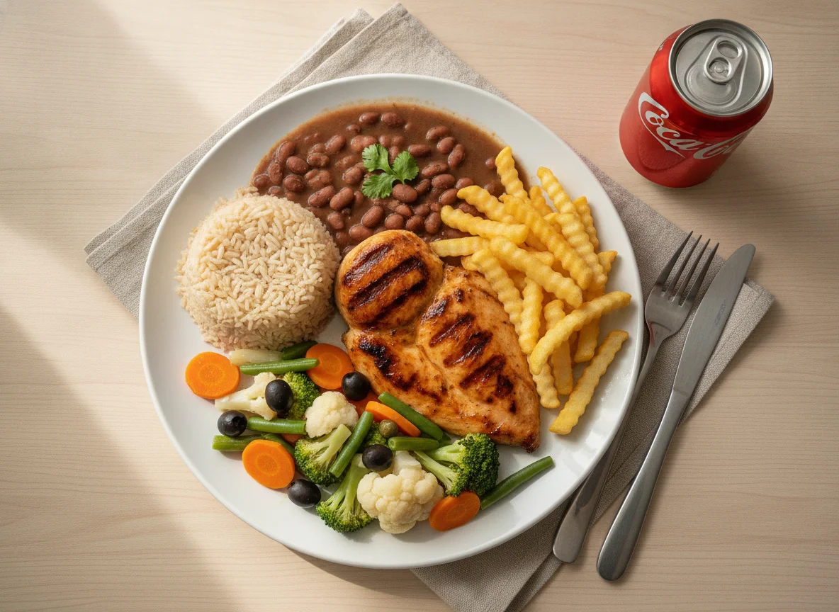 Frango grelhado com arroz, feijão, legumes e batata frita photo