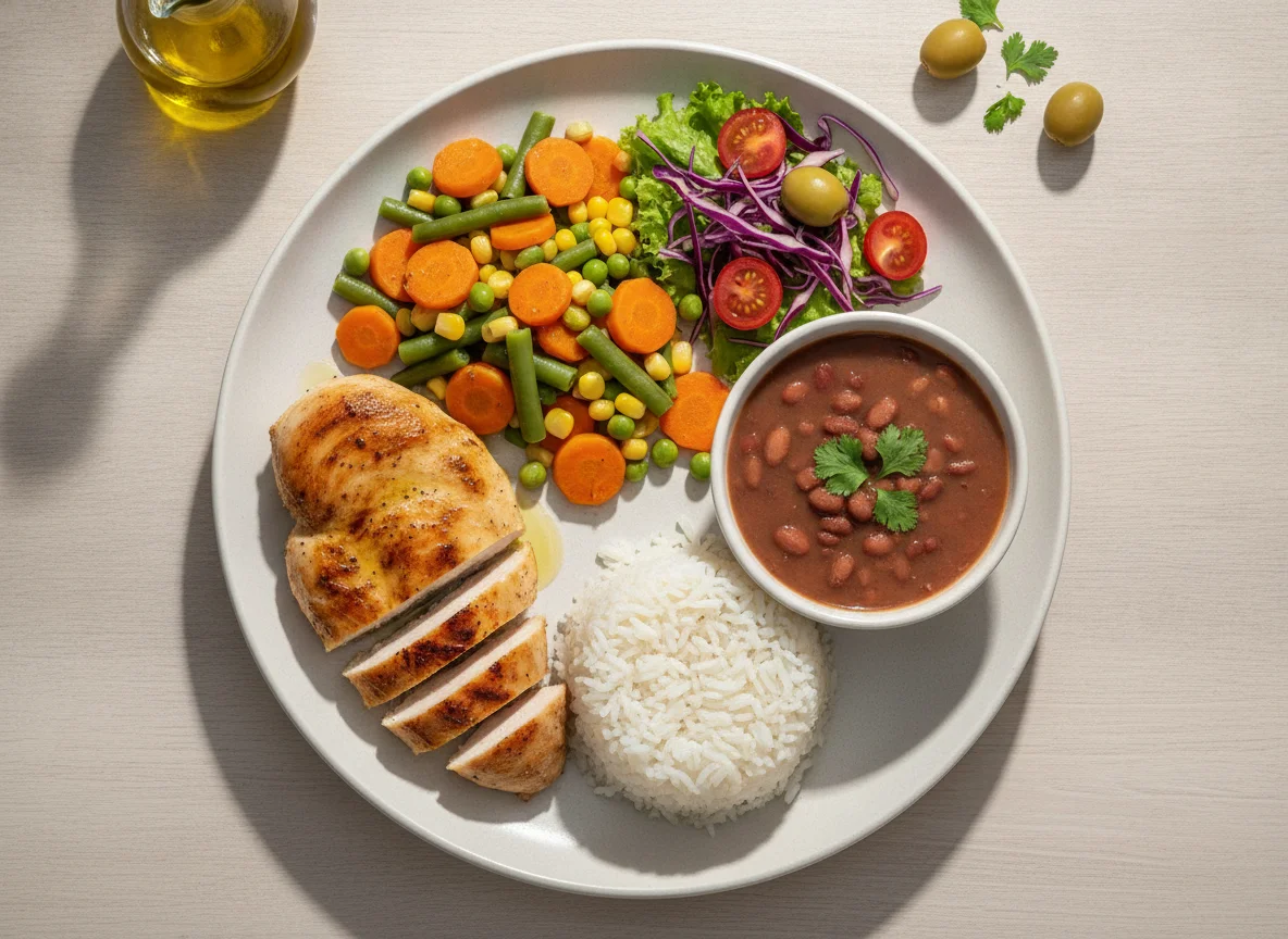 Frango grelhado com arroz, feijão, legumes e salada photo