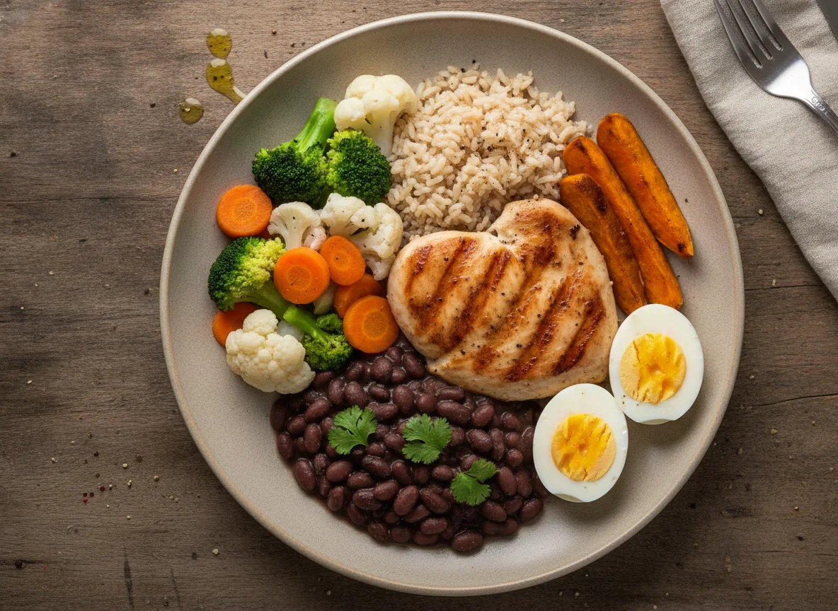 Frango grelhado com arroz, feijão, ovo e legumes photo