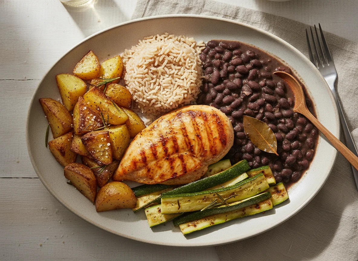 Frango grelhado com arroz, feijão preto, batatas rústicas e abobrinha photo