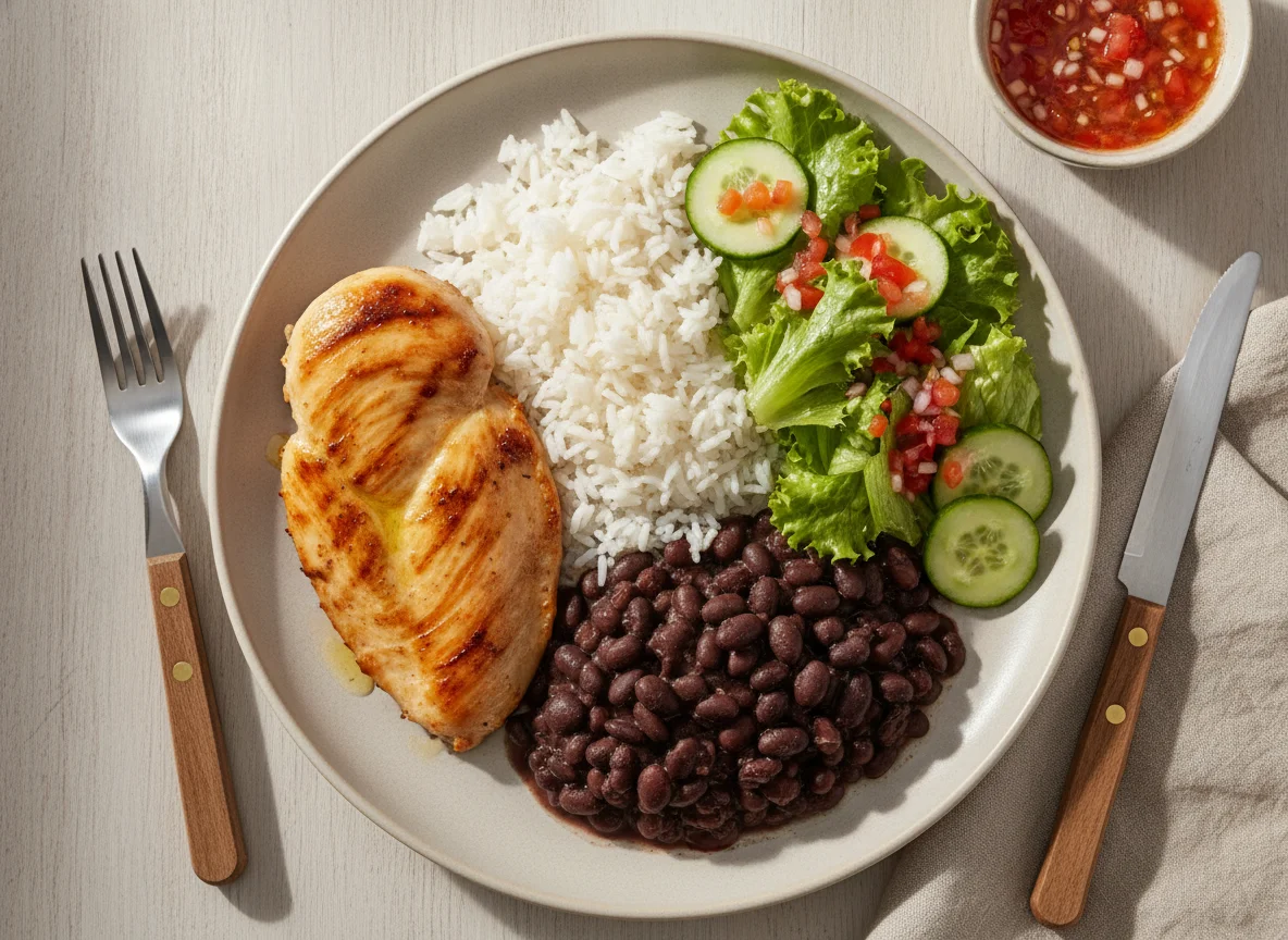 Frango grelhado com arroz, feijão preto e salada photo