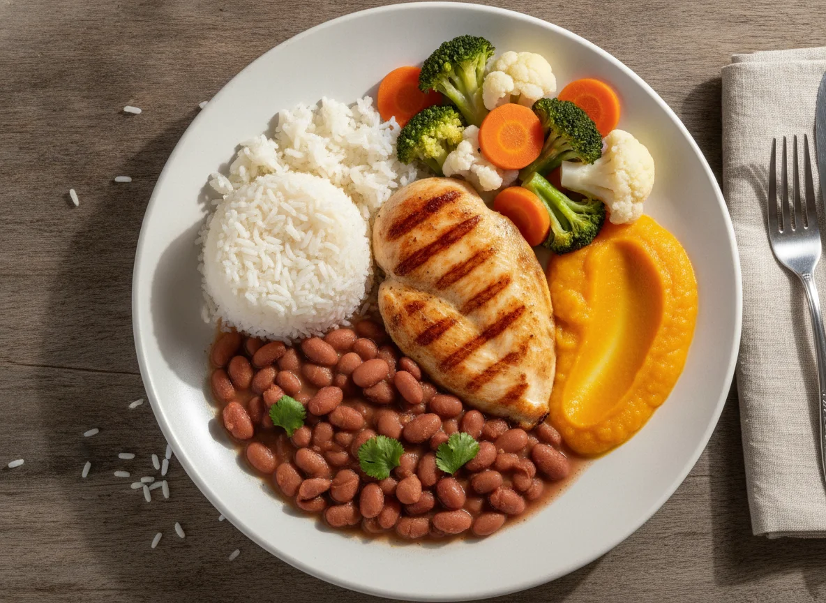 Frango grelhado com arroz, feijão, purê de abóbora e vegetais photo
