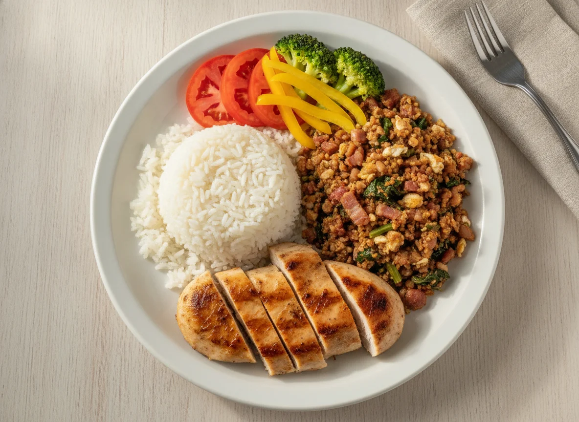 Frango grelhado com arroz, feijão tropeiro e salada photo