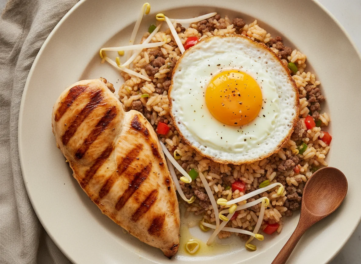 Frango grelhado com arroz frito, broto de feijão e ovo frito photo