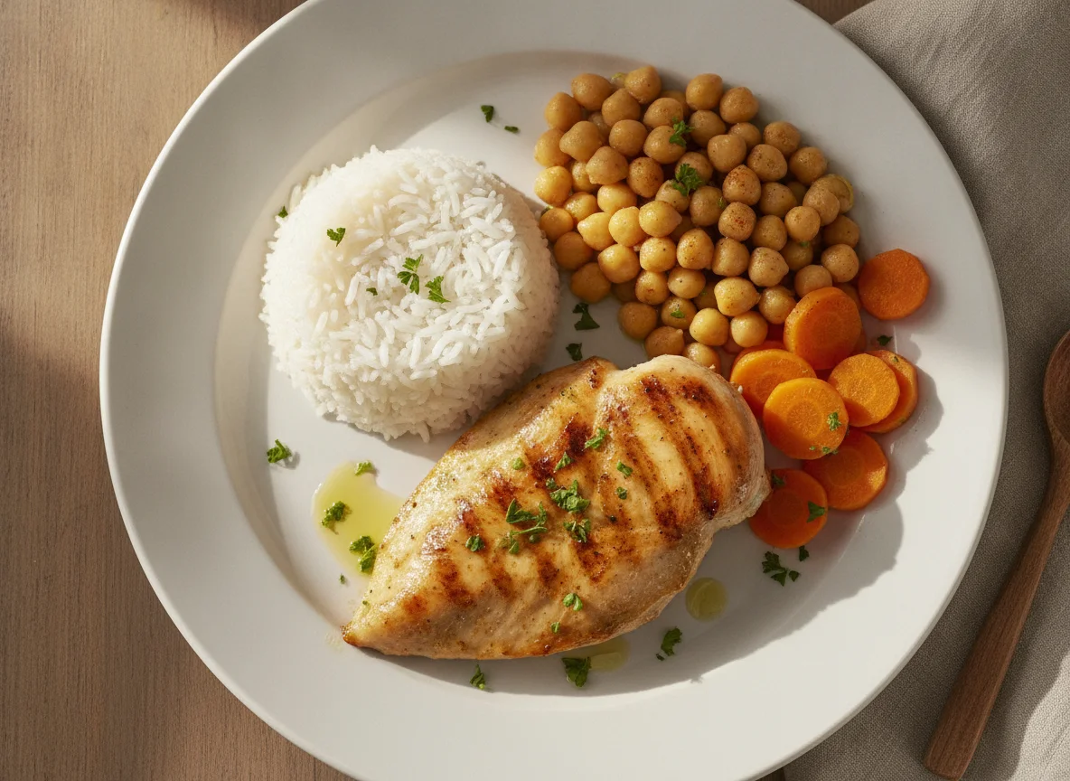 Frango grelhado com arroz, grão-de-bico e cenoura photo
