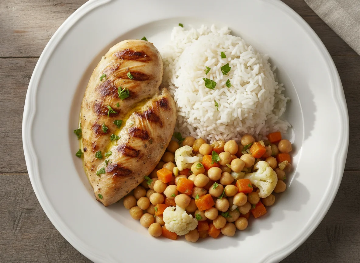 Frango grelhado com arroz, grão-de-bico e legumes photo