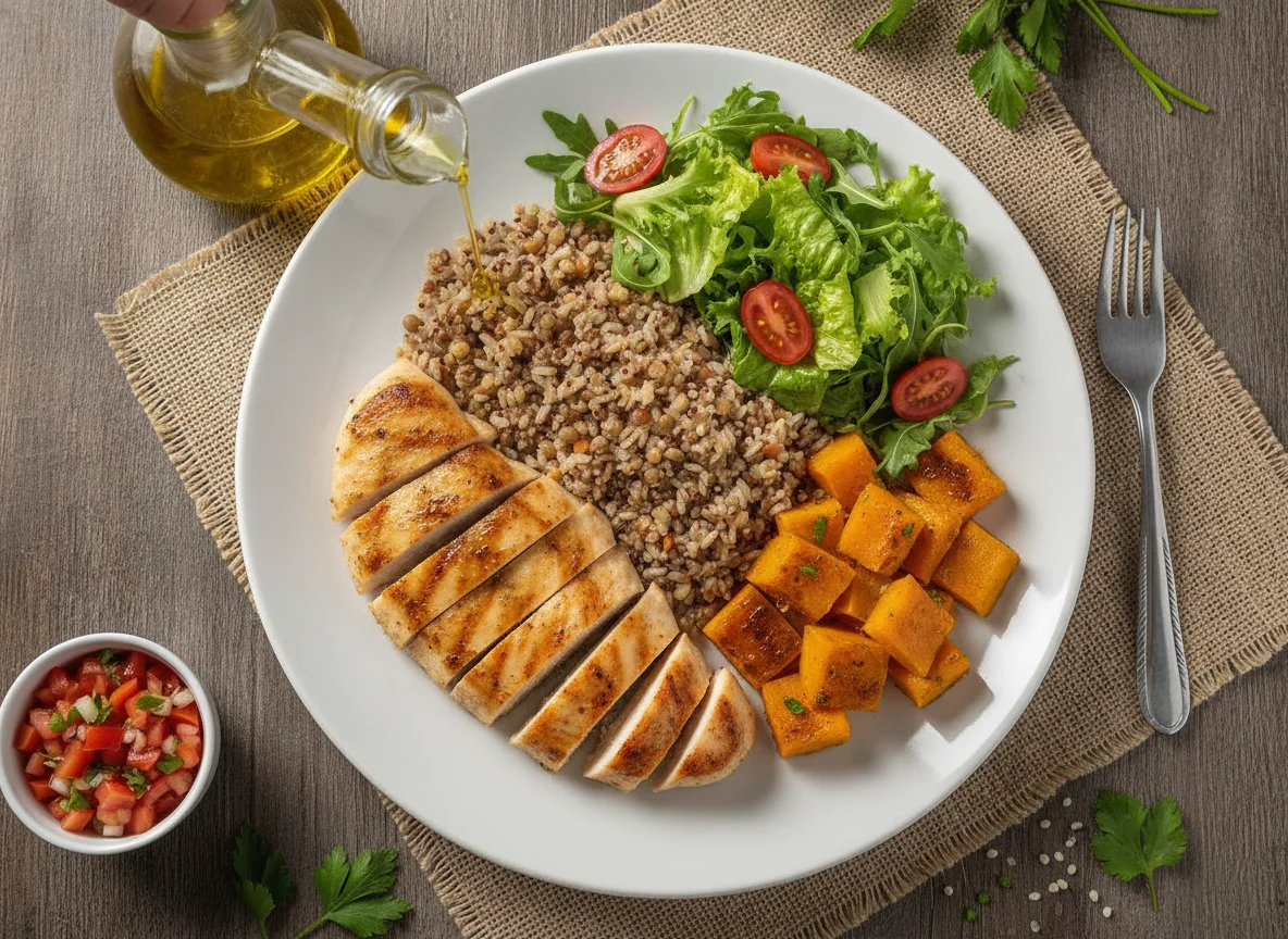 Frango grelhado com arroz integral, abóbora e salada photo