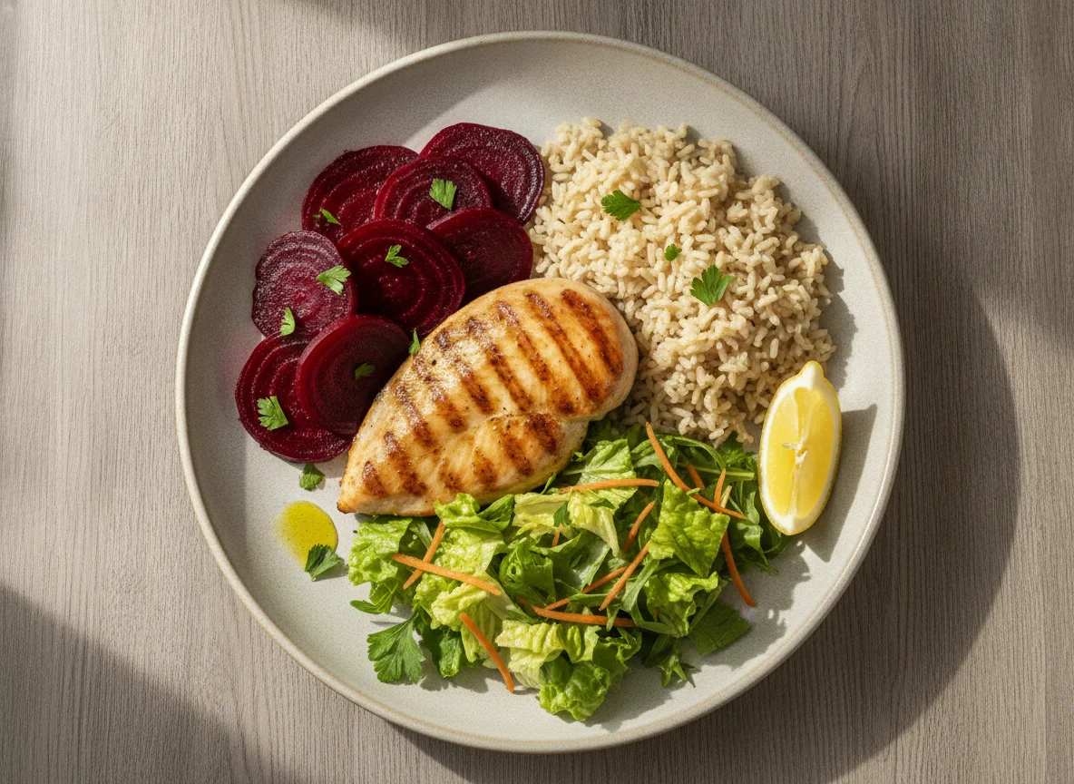 Frango grelhado com arroz integral, beterraba e salada photo