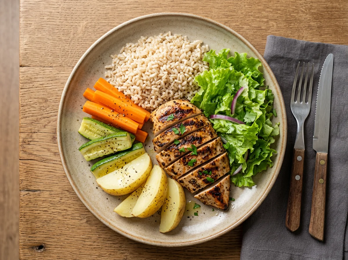 Frango grelhado com arroz integral e legumes photo