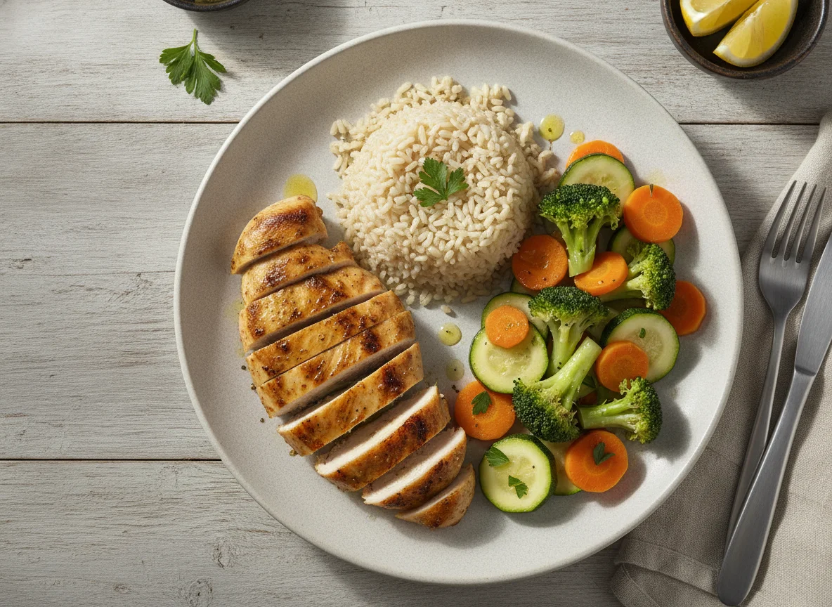 Frango grelhado com arroz integral e legumes no vapor photo