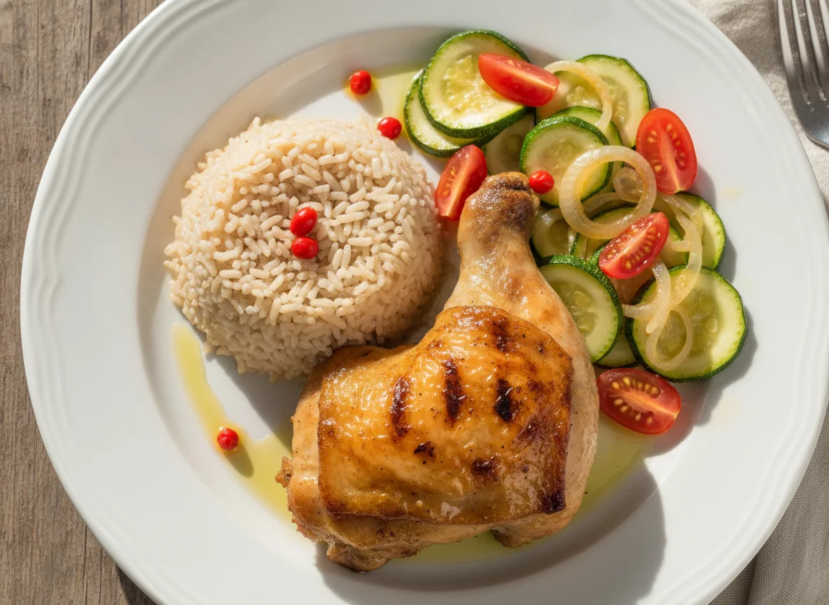 Frango grelhado com arroz integral e salada de abobrinha photo