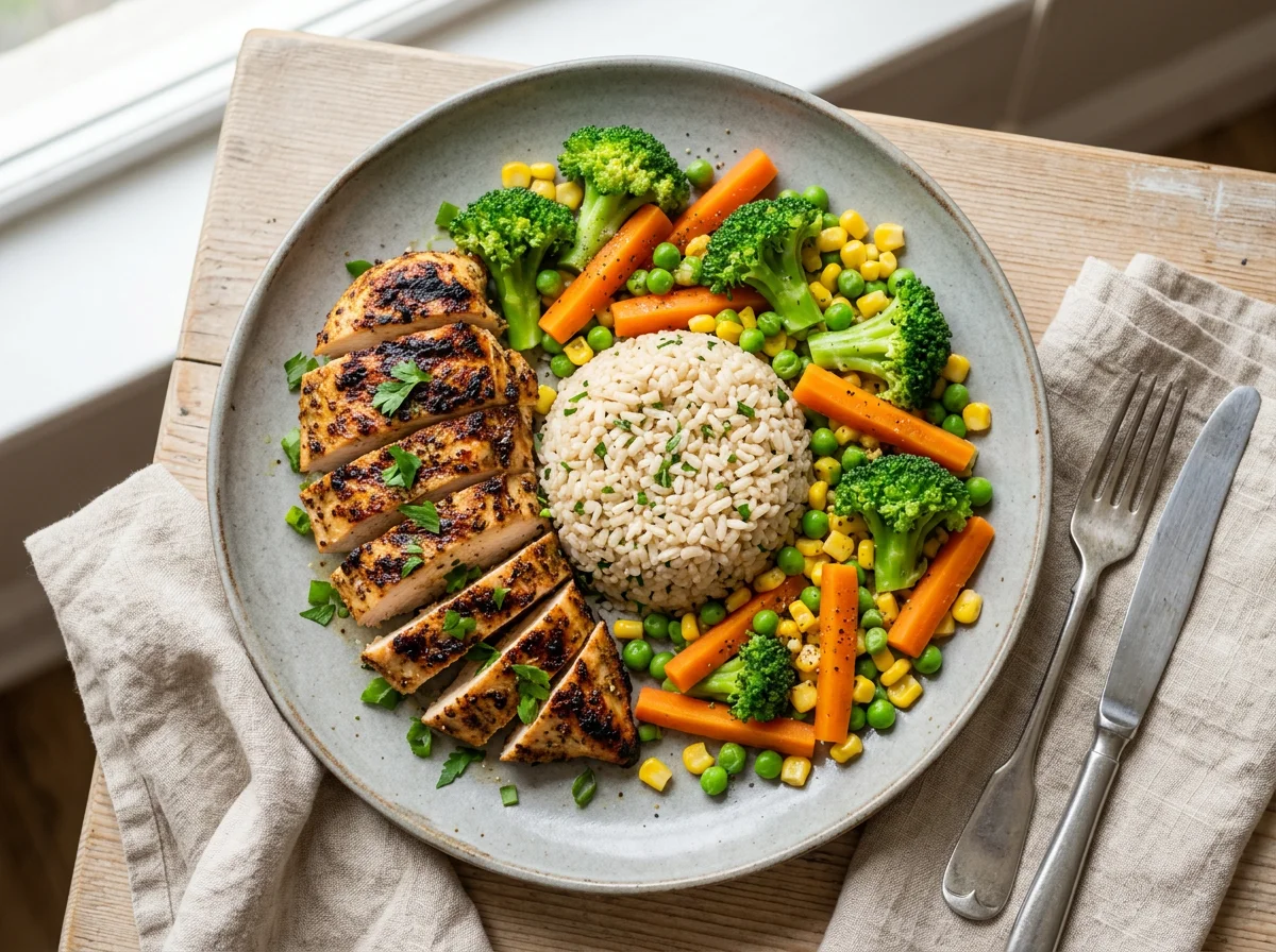 Frango grelhado com arroz integral e vegetais mistos photo