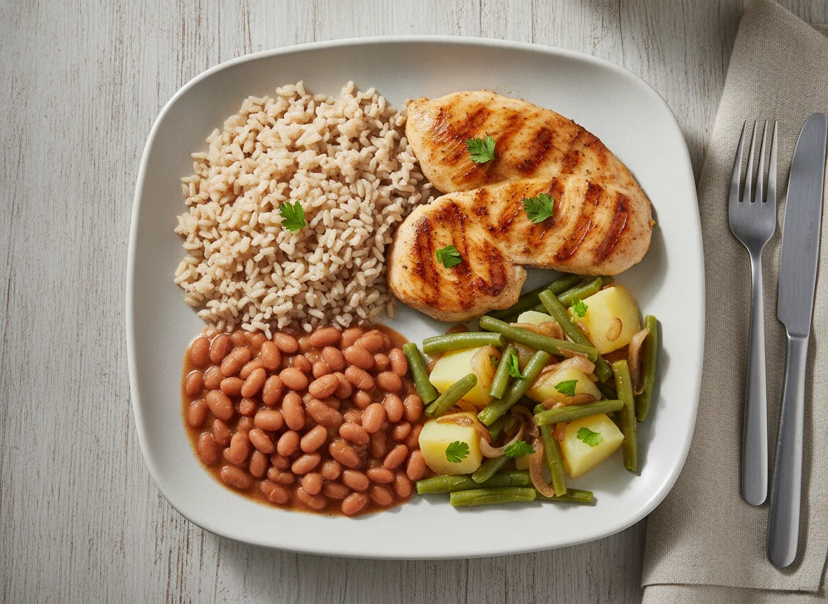 Frango grelhado com arroz integral, feijão e legumes photo