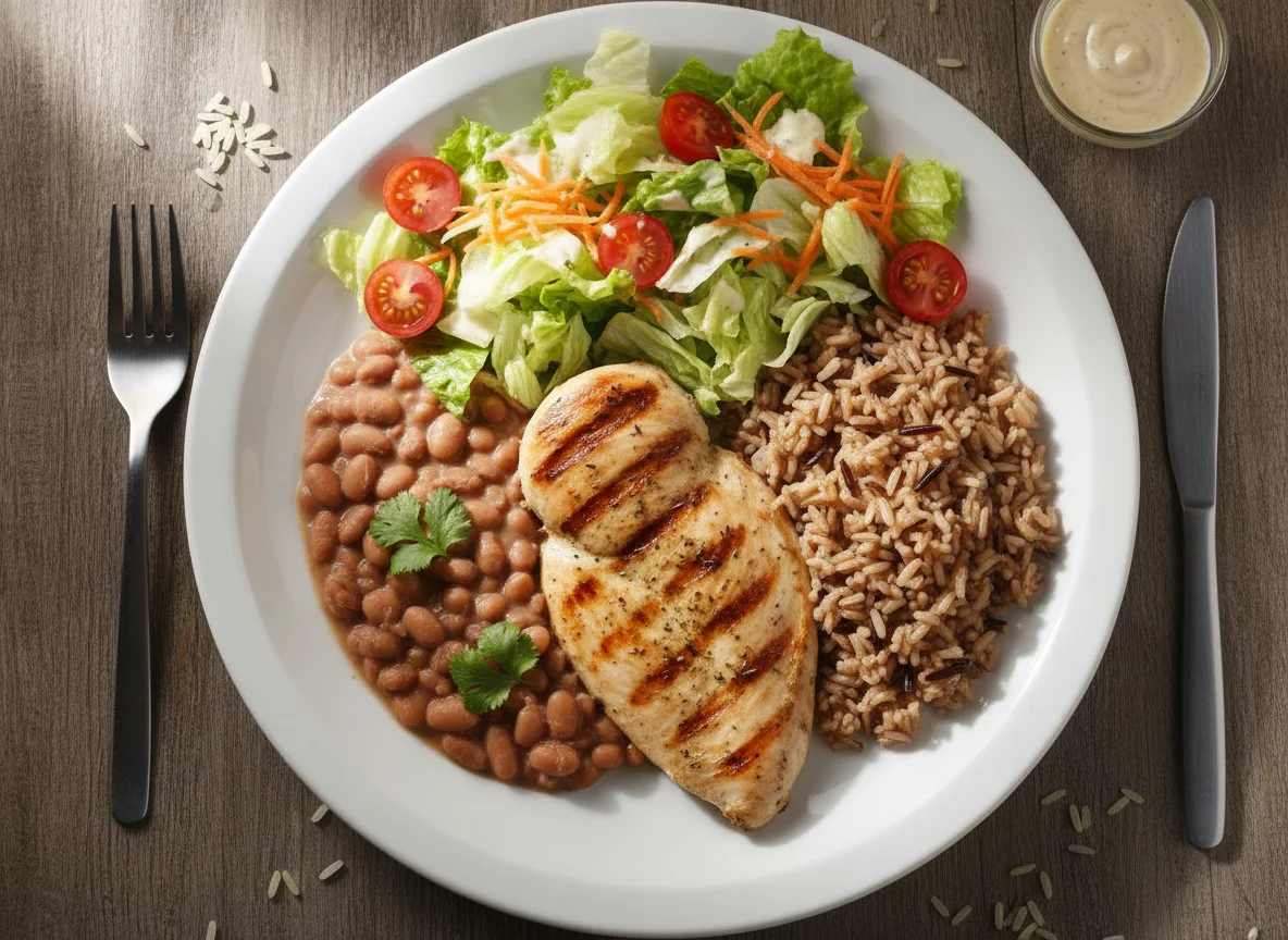 Frango Grelhado com Arroz Integral, Feijão e Salada photo