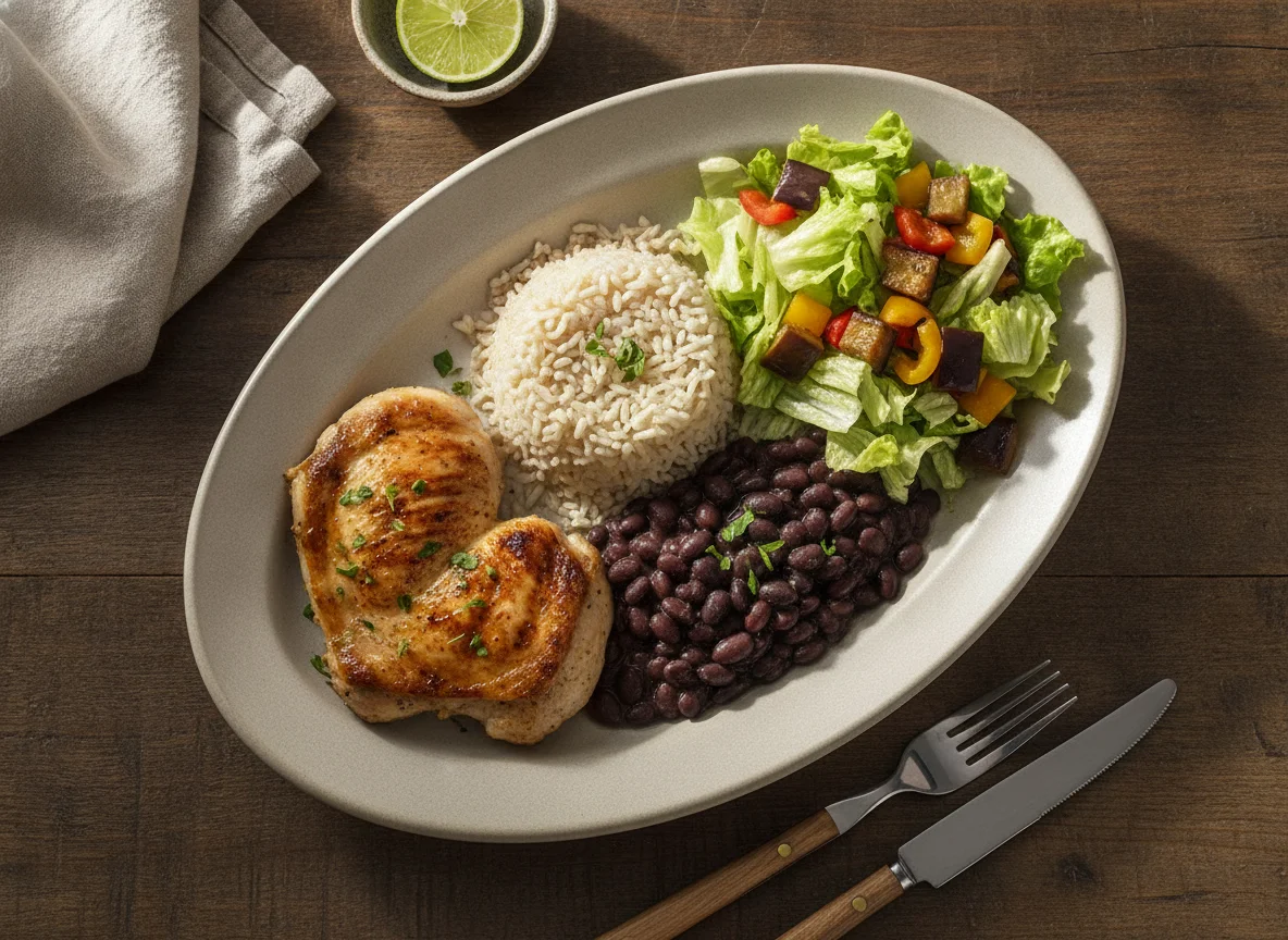 Frango grelhado com arroz integral, feijão preto e salada photo