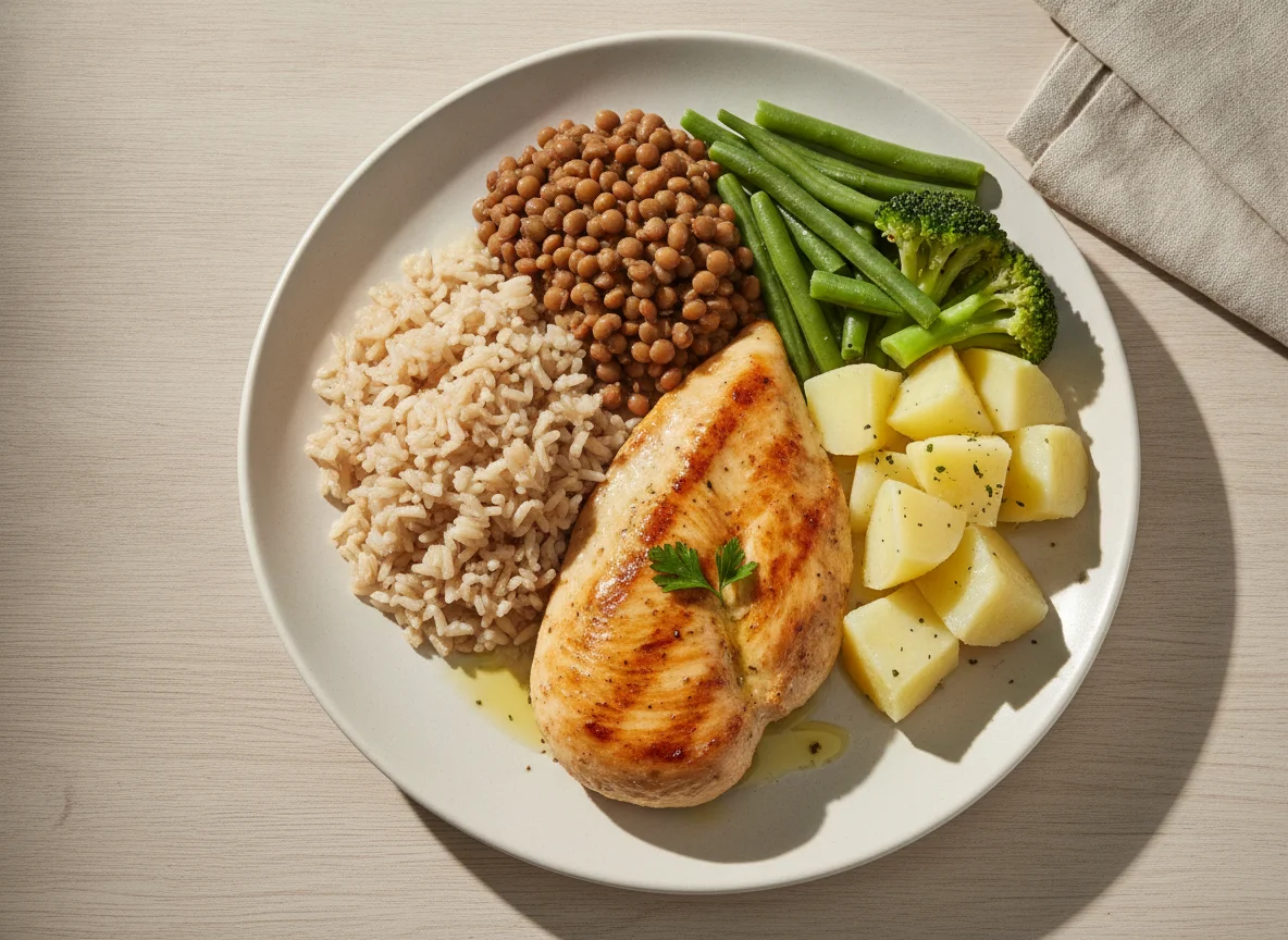 Frango grelhado com arroz integral, lentilha, batata e legumes photo