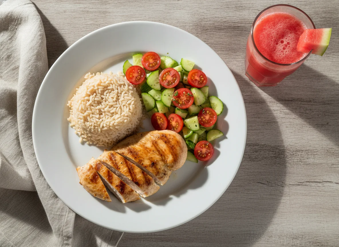 Frango grelhado com arroz integral, salada e suco de melancia photo