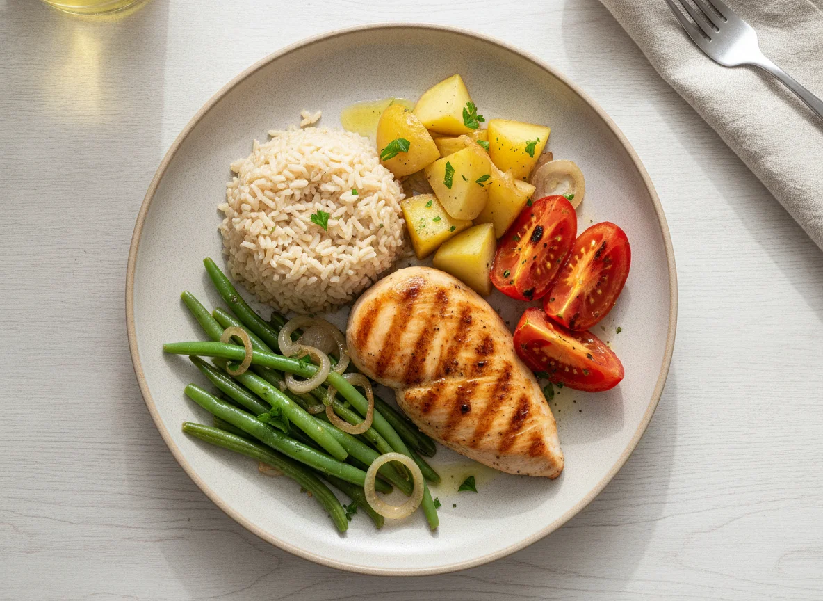 Frango grelhado com arroz integral, vagem, batata e tomate photo