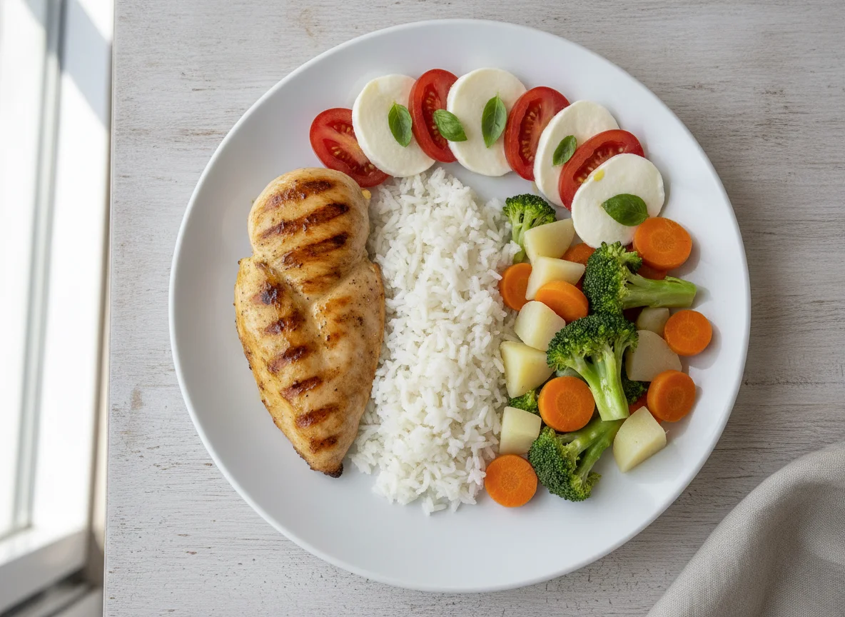 Frango grelhado com arroz, legumes e salada caprese photo