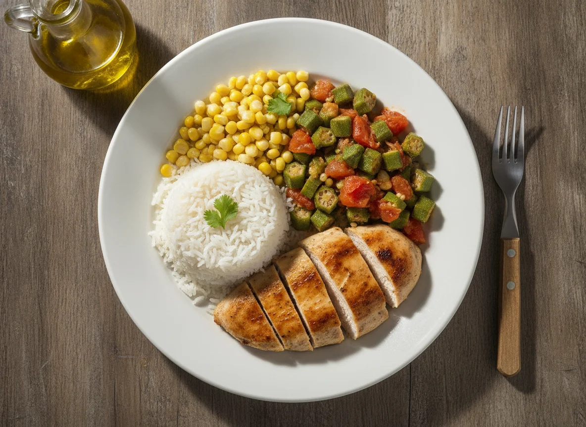 Frango grelhado com arroz, milho e refogado de quiabo com tomate photo