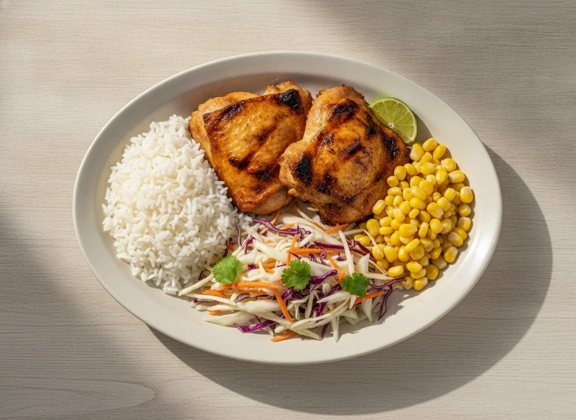 Frango grelhado com arroz, milho e salada photo