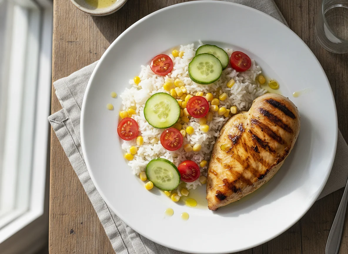 Frango grelhado com arroz, milho, tomate cereja e pepino photo