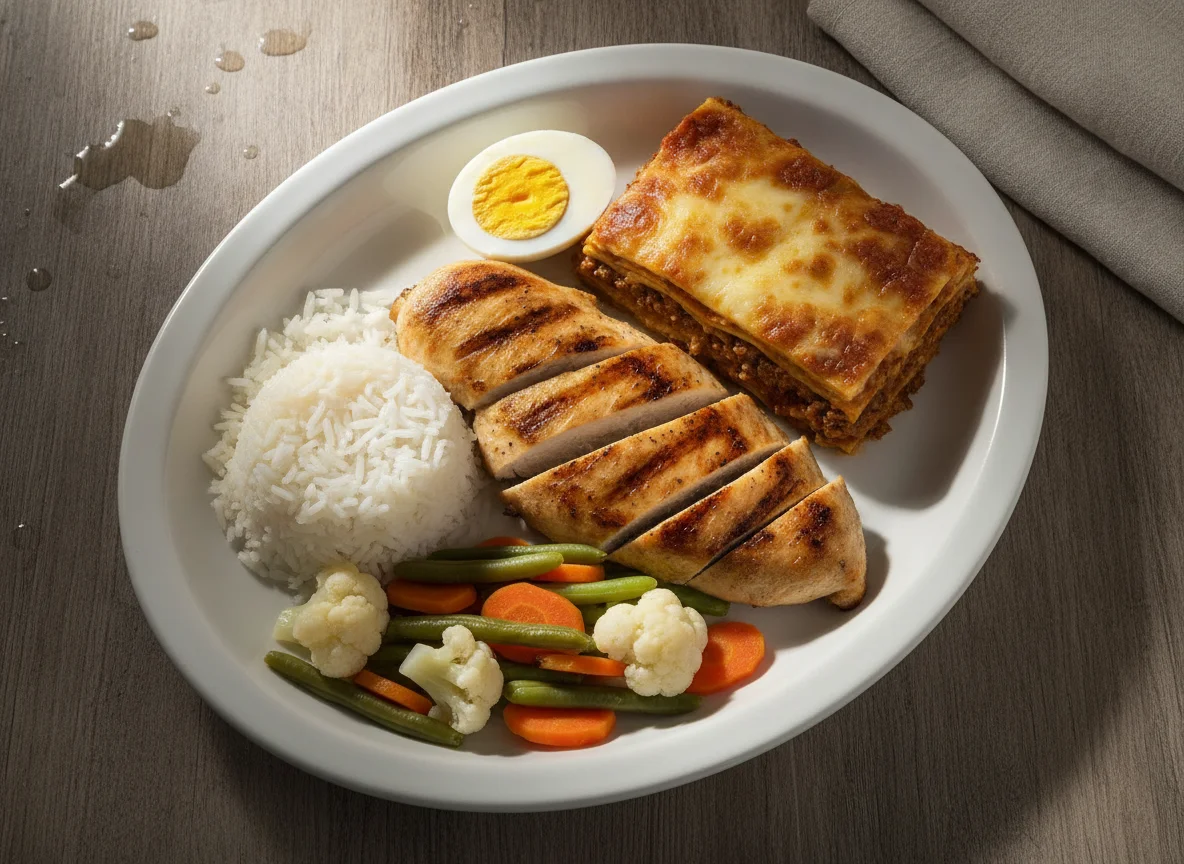 Frango grelhado com arroz, ovo e lasanha photo