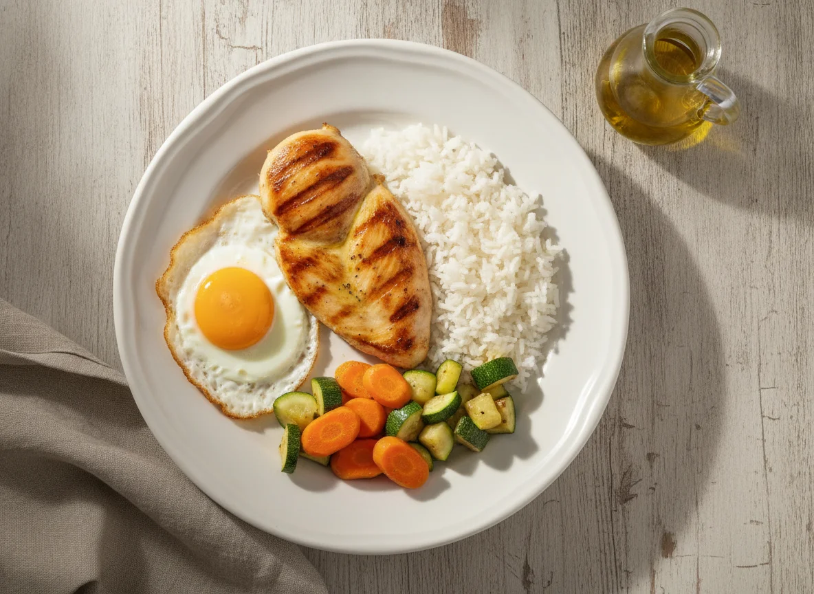 Frango grelhado com arroz, ovo e legumes photo