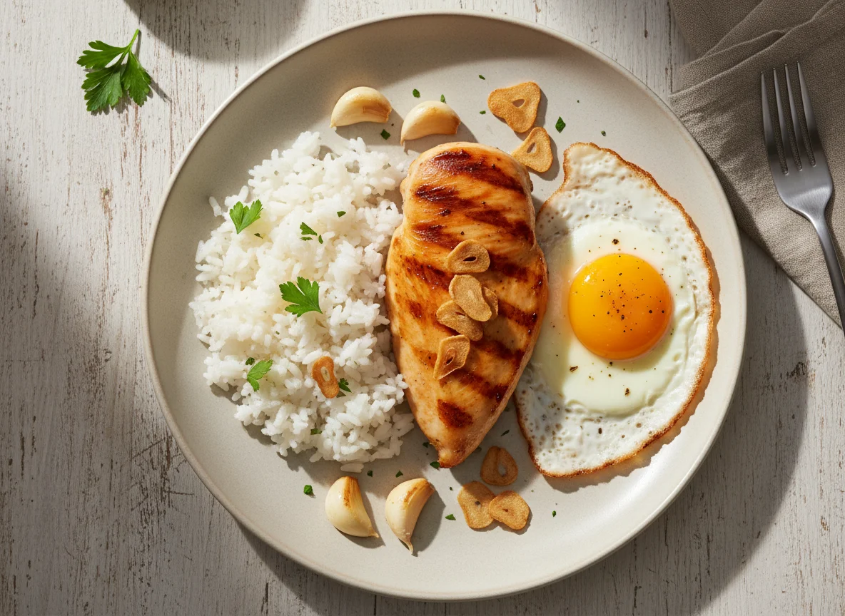 Frango grelhado com arroz, ovo frito e alho photo