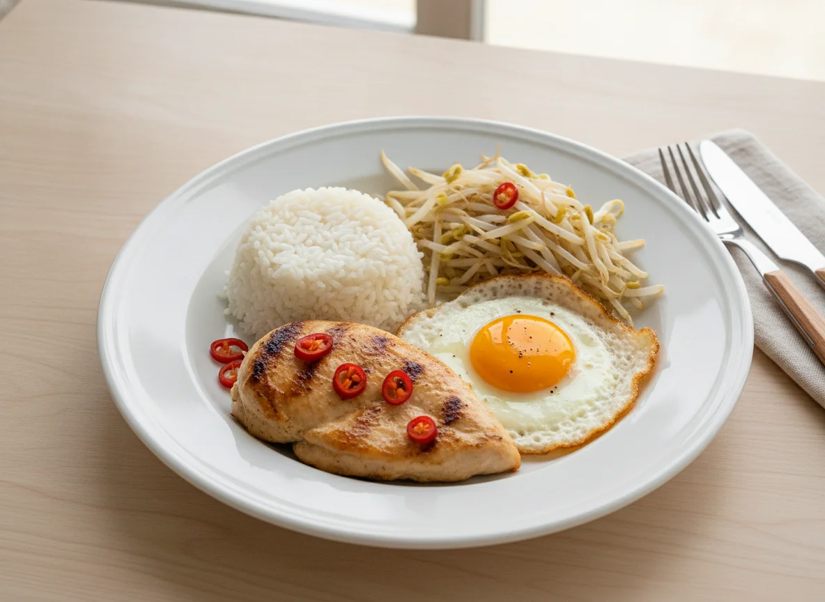 Frango grelhado com arroz, ovo frito e broto de feijão photo