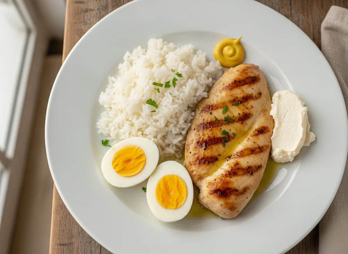 Frango grelhado com arroz, ovos e requeijão photo