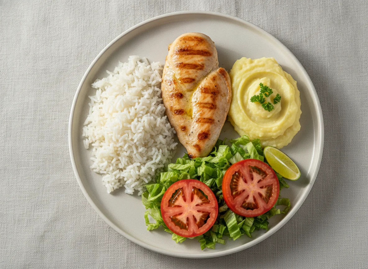 Frango grelhado com arroz, purê de batata e salada photo