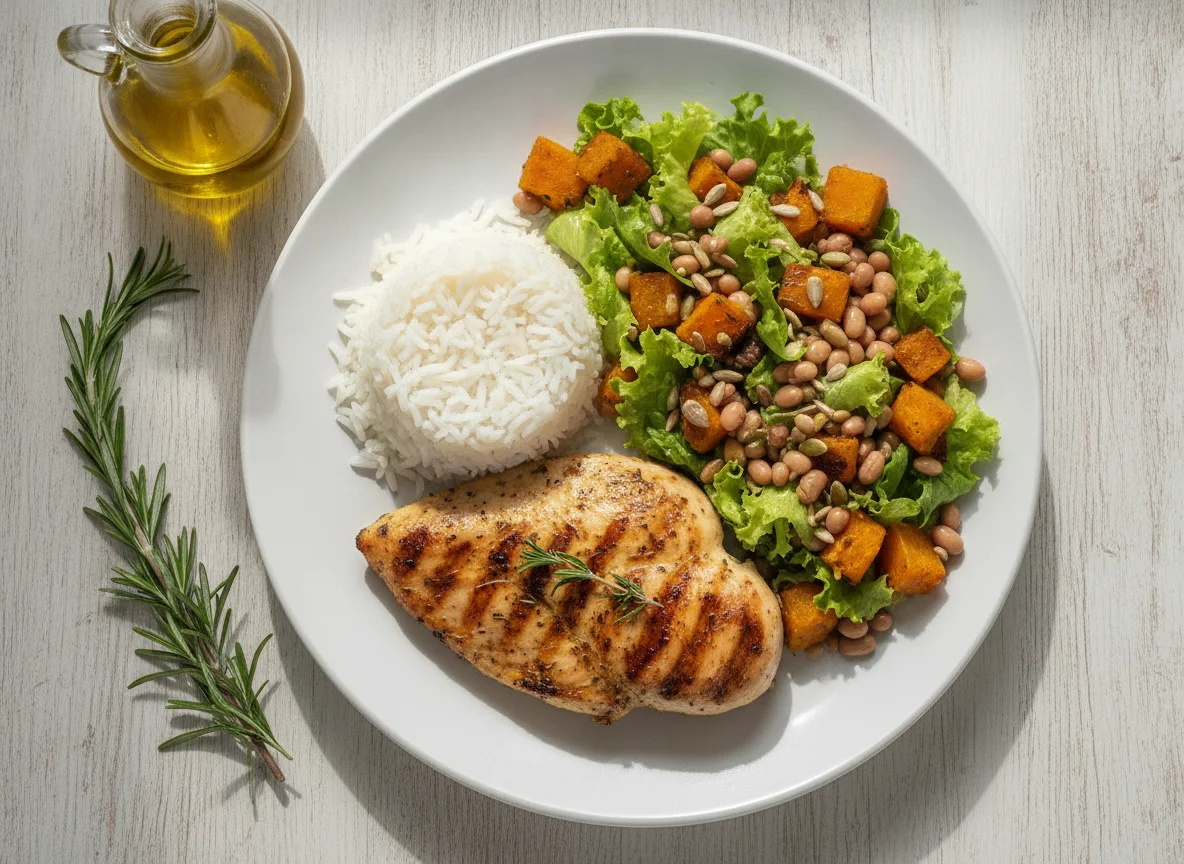 Frango grelhado com arroz, salada de feijão fradinho e abóbora photo