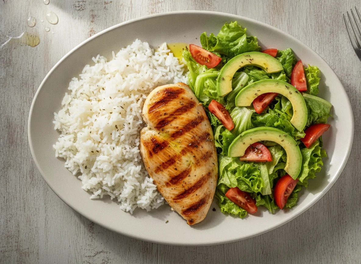 Frango grelhado com arroz, salada e abacate photo