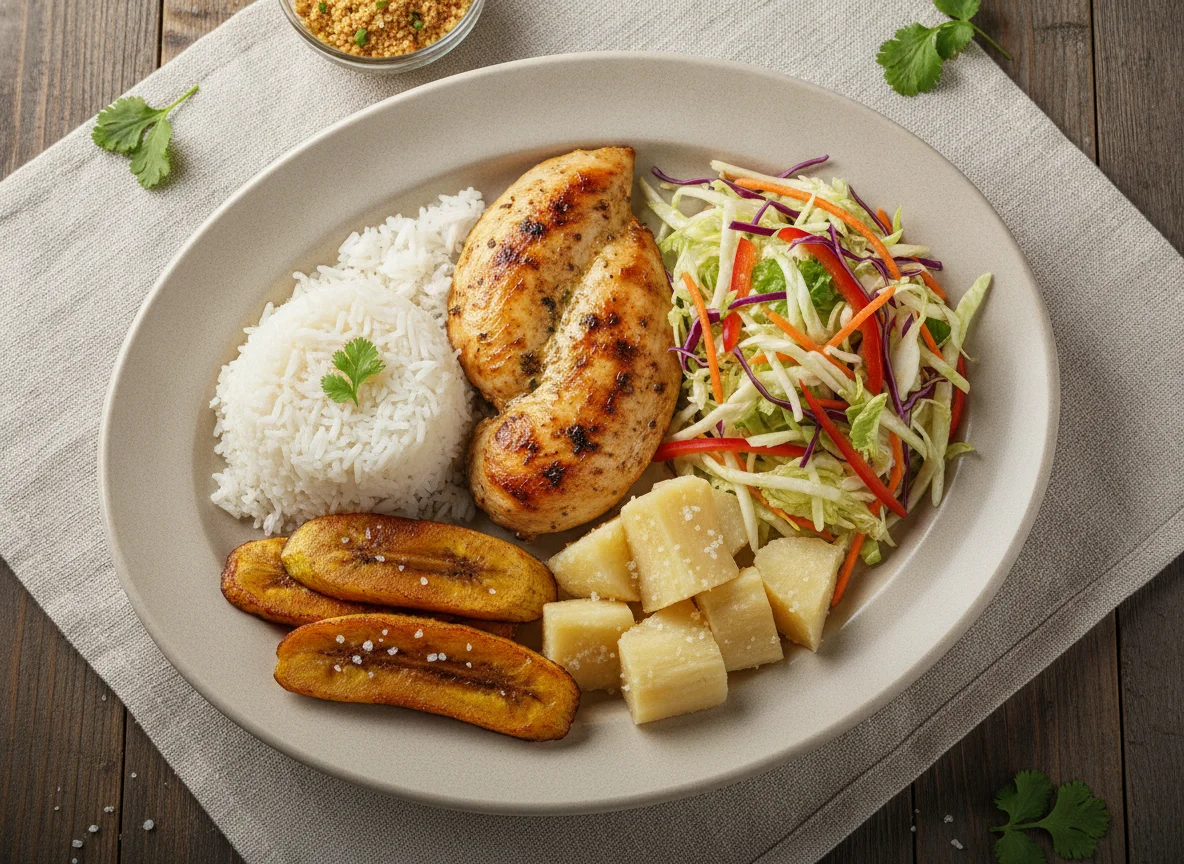 Frango grelhado com arroz, salada e acompanhamentos photo