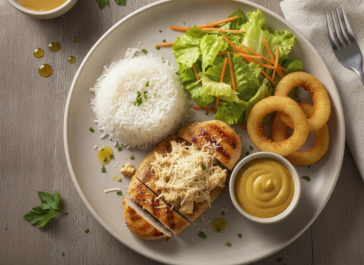 Frango Grelhado com Arroz, Salada e Anéis de Cebola photo