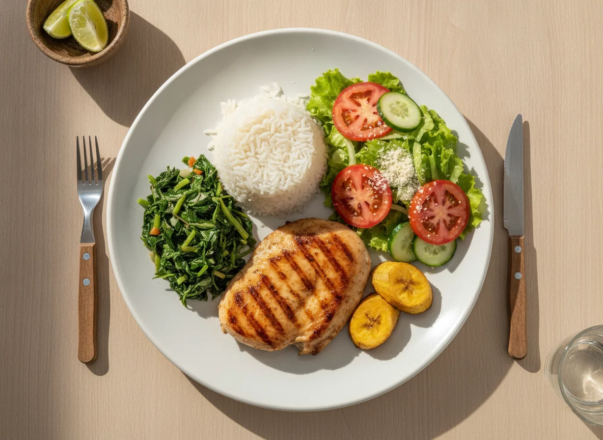 Frango grelhado com arroz, salada e couve photo