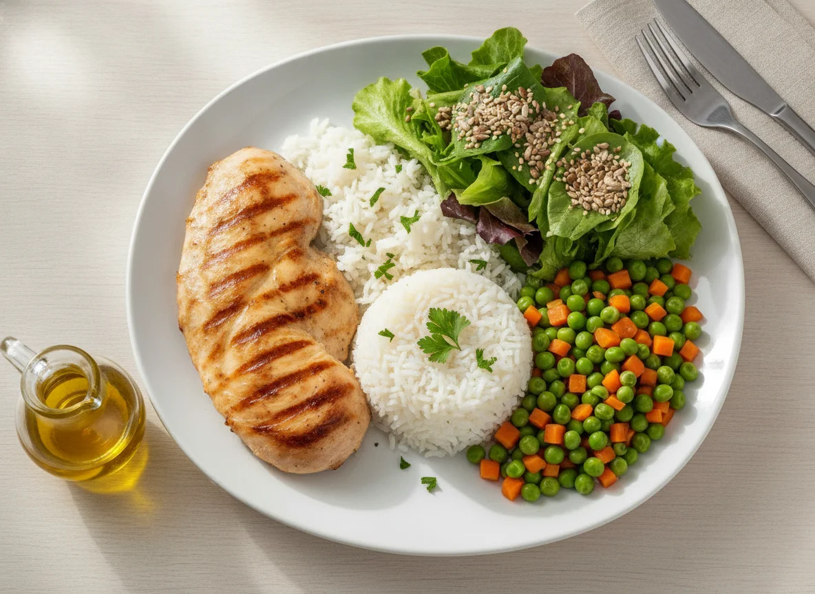 Frango grelhado com arroz, salada e legumes photo