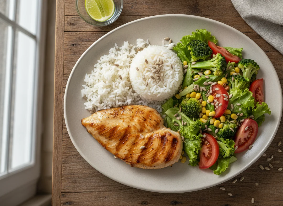 Frango grelhado com arroz, salada e sementes de girassol photo