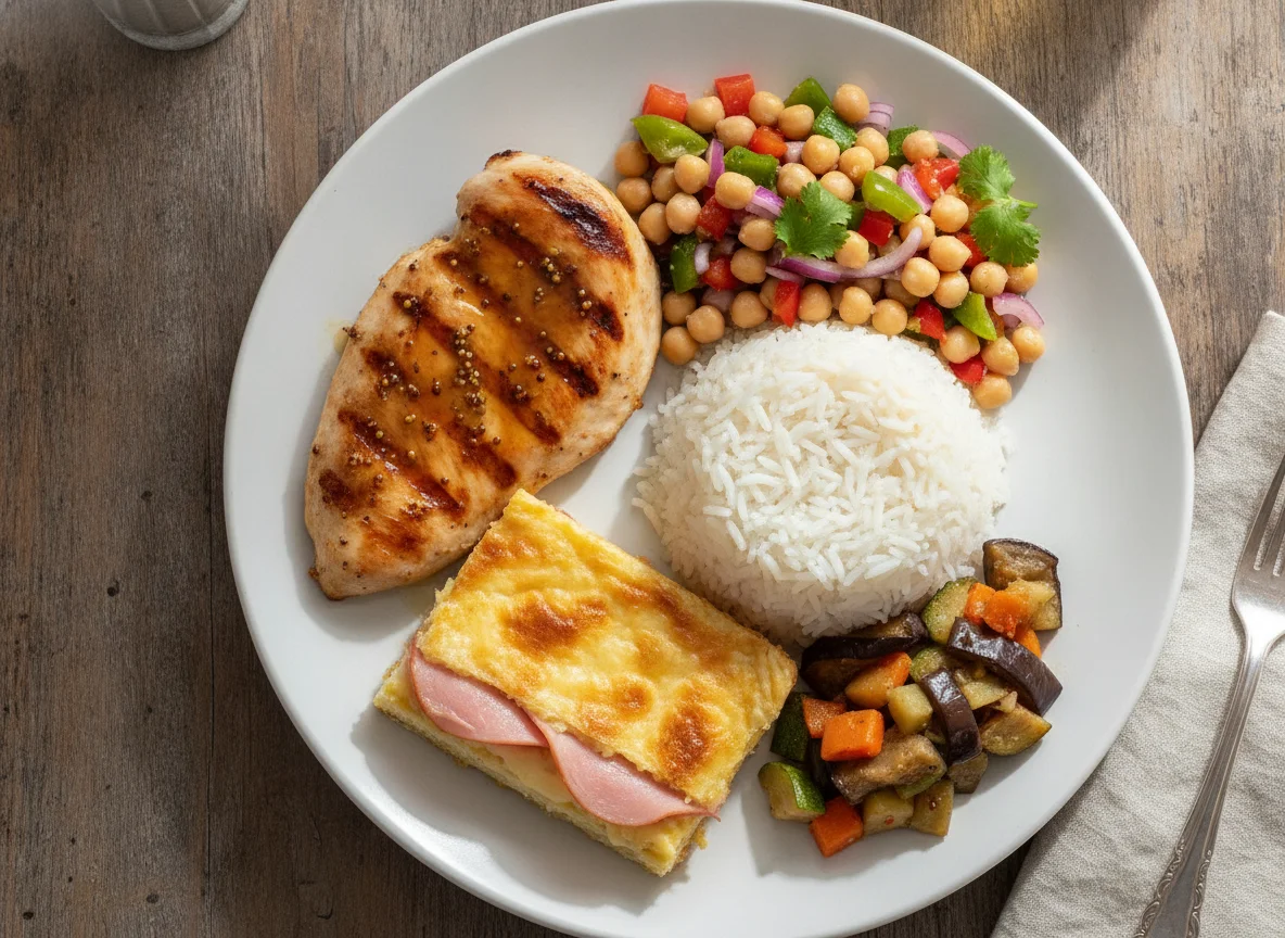 Frango grelhado com arroz, torta salgada e salada de grão-de-bico photo