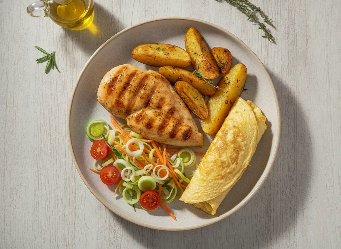 Frango grelhado com batata assada, omelete e salada de alho-poró photo