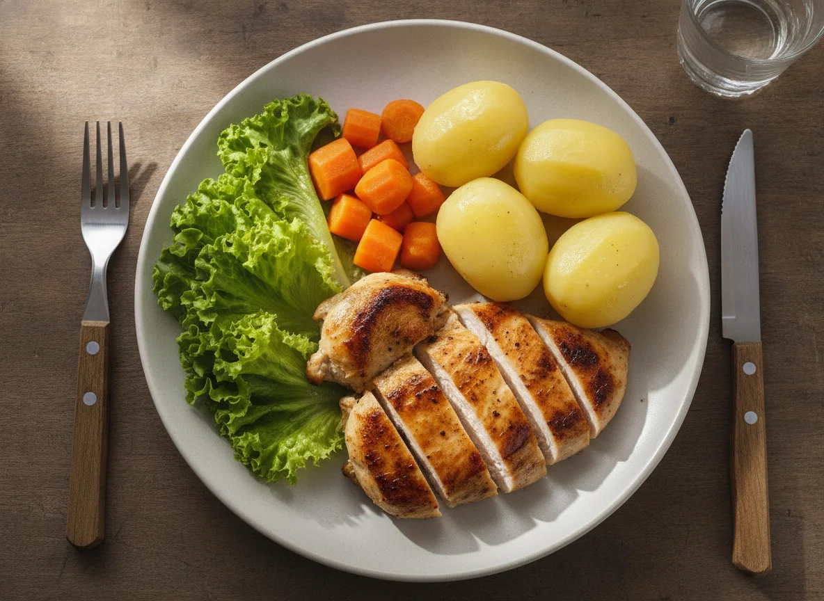 Frango grelhado com batata cozida, cenoura e alface photo