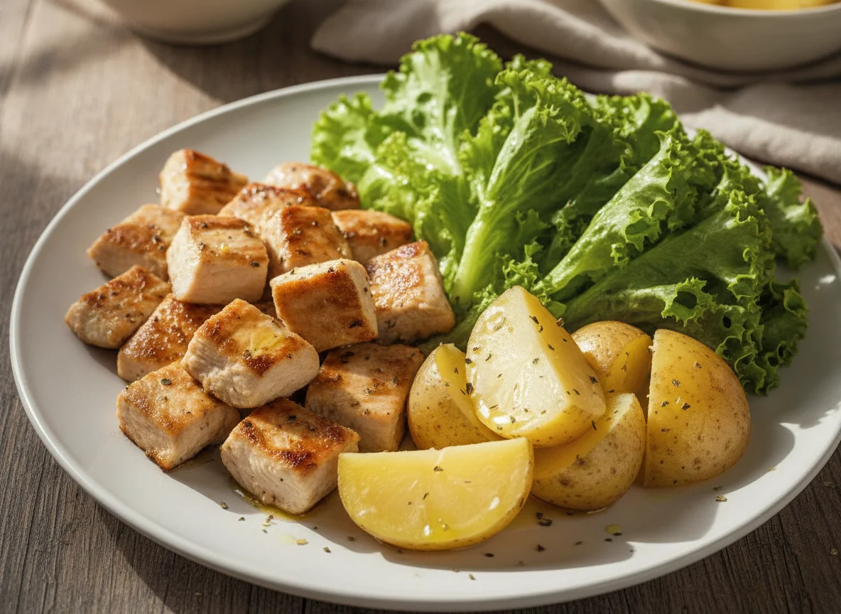 Frango grelhado com batata cozida e alface photo