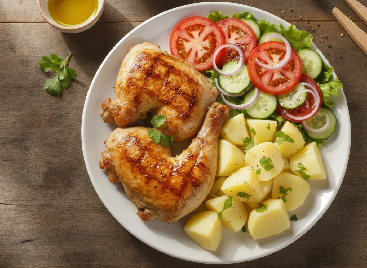 Frango grelhado com batata cozida e salada mista photo