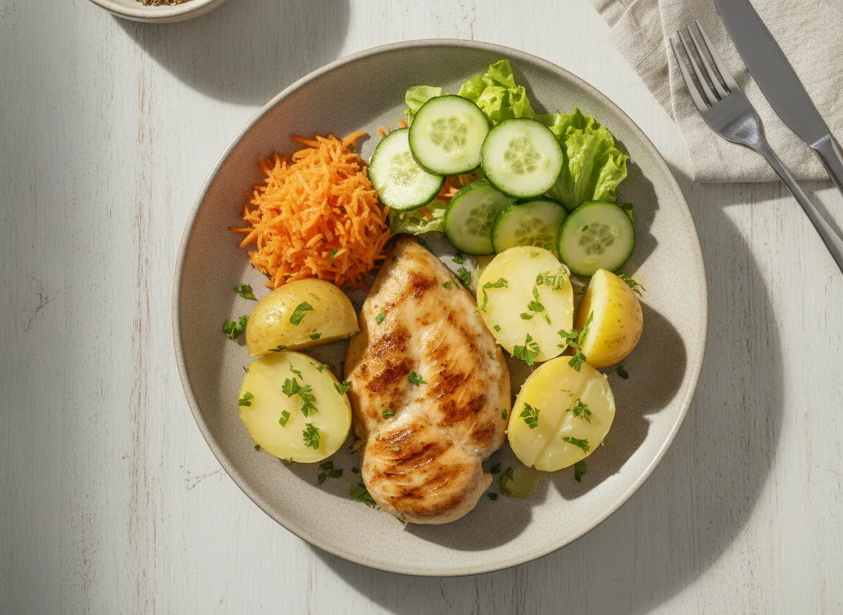 Frango grelhado com batata cozida e salada photo