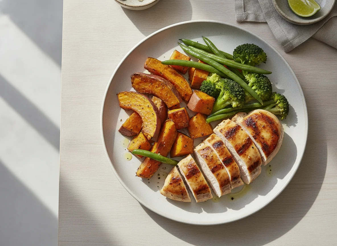 Frango grelhado com batata doce e brócolis photo